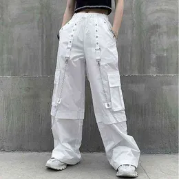 Houzhou Mall Goth White Cargo Spodnie damskie Gothic Harajuku Hippie Streetwear Łańcuch Punk Luźny Spodnie Baggy Oversize Koreański Styl 211124