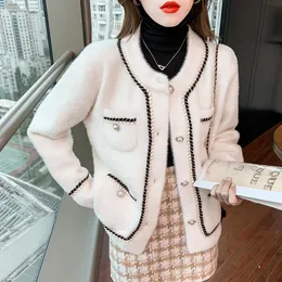 Kvinnorjackor Autumn White Mink Cashmere Tops Coat Women Winter Lazy Style Korean Retro Black Loose O Neck Woolen Cardigan Jacket Fashion