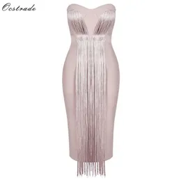 OCSTRADE Letni Vestidos Bandaż Kobiety Midi Dress Rayon Nude Tassel Fringe Sexy Bez Ramiączek Bodycon Party 210527