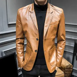 Autumn Men Blazer Solid Color Faux Leather Suit Jacket Long Sleeve Lapel Fashion High Quality Classic Busines Coat Slim Fit 2021 X0621
