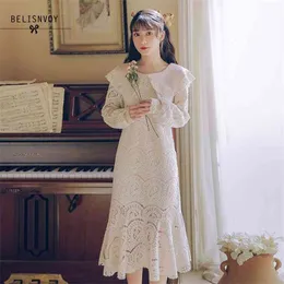 Mermaid Lace Dress Women Hollow Out Elegant Vestido Midi Sleeve Spring Office Retro Cute Robe De Soiree Casual Party Ropa Mujer 210520