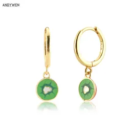 ANDYWEN 925 Sterling Silver Aros Kiwi Fruits Circle Dangle Tiny Piercing Clips Luxury Aguacate Drop Earring 210608