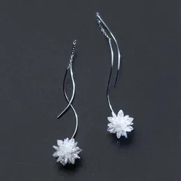 White Crystal Flower Elegant Dangle Earring for Women Sterling Silver 925 Flora Drop Original Fine Jewelry 210707