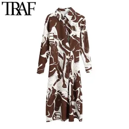 TRAF Donna Chic Fashion con bottoni Pieghettato Stampa Midi Dress Vintage Manica lunga Vents Hem Abiti femminili Vestidos 210415
