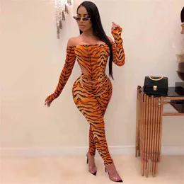 OMSJ Off Shoulder Leopard Print Long Sleeve Sexy Bodysuit+Leggings 2 Pieces Set Women's Club Outfits Combinaison Femme Pantalon 210517