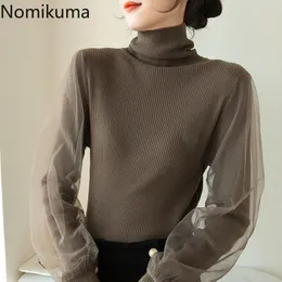 Nomikuma Koreansk mesh Patchwork Långärmad Pullover Knitwear Höst Vinter Turtleneck Stickade Toppar Kvinnor Sweater 6D676 210427