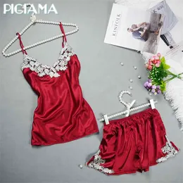 Mulheres Bordadas Sexy Cetim Pijamas Set Lace Silk Pijama Set V-Neck Senhoras Pijamas Sleepwear Mulheres Verão Roupas Homewear 210330