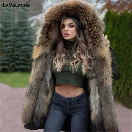 Lavelache Long Parka Real Fur Coat Winter Jacket 여성 자연 진짜 모피 코트 겉옷 Streetwear 캐주얼 오버 사이즈 211122