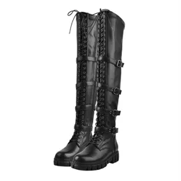 Winter Over The Knee Boots Women 2022 Fashion Lace Up Buckle Platform Shoes Matte Black Round Toe Long Boots Zipper