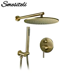 8/10/12 inch Solid Brass Shower Set Bathroom Round Head Faucet Luxury Gold HandShower Diverter Mixer Golden Handheld Spray Set X0705