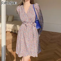 FORYUNSHES Spring Summer Sexy V-neck Bow Lace Printing Dress Women Mini Club Party Dresses Vintage Vestidos 210709