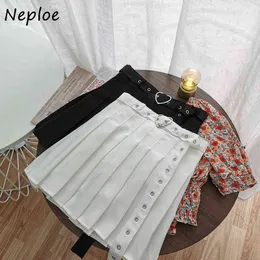 Neploe High Waist Hip Pleat Skirt Women Preppy Style Solid Simple Jupe Femme Spring Summer Sashes Faldas Mujer 210510