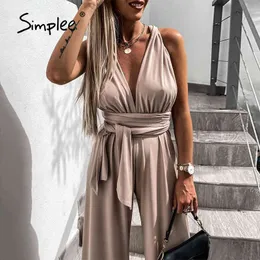 Sexy deep v-neck Sleeveless solid Hight waist lace up Cross back summer long jumpsuit Office loose casual wear 210414