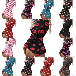 セクシーなバレンタインデーショートジャンプスーツの女性2023新しい印刷されたロンパーズ長袖ホームパジャマディープvネックナイトクラブタイトボディー