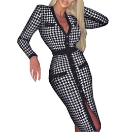 المرأة houndstooth طباعة انقسام اللباس مثير العميق الخامس الرقبة زر حزب ربيع الخريف طويلة الأكمام bodycon مكتب سيدة es 210522