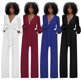 Women's Jumpsuits & Rompers Jumpsuit Women Casual Womens Sexy V Neck Ladies Solid Long Sleeve Summer Black White Blue Red -85