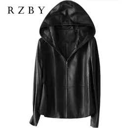 Rzby女性100％本物のシープスキンコートフード付きジャケット春のファッション本革ジャケットChaqueta Mujerトップクオリティ211118