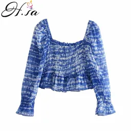 HSA Camicetta estiva donna manica lunga svasata scollo tondo spalle scoperte blu tie-dye casual blusa e camicie top corti 210417