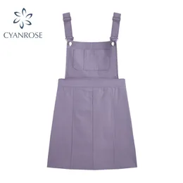 Purple Mini Overalls Vest Dress Women Retro Preppy Style Sweet Crop Suspenders Frocks Female High Waist Elastic Streetwear Lady 210417