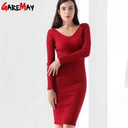 GAREMAY Sweater Dress Knitted Ladies Long Sleeve Dress Slim Pullover Clothing V Neck Fashion Full dress Warm Ladies Winter G1214
