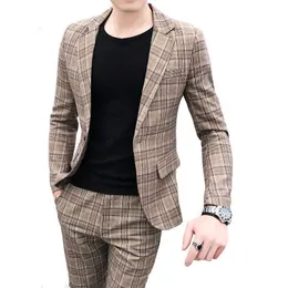 Mäns British Style Slim Fit Blazer Två Piece Set Jacka Byxor High End Stilig Mäns Plaid Gentleman Suit 2021 Byxor X0909