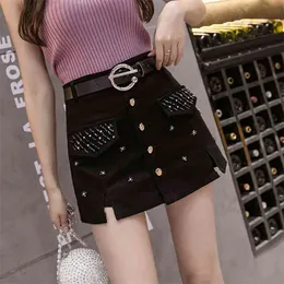 Sequins Stretchy Shorts Skirts Female Belt Trouser Split Korean Style Black Jeans High Waist Women Denim 210601