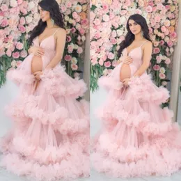 Sexy rosa vestido de maternidade tulle comprimento do chão vestidos v pescoço trem foto shoot mulheres pregant festa vestidos de finalistas