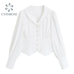 Rynkad Spliced ​​Chiffon Women's Crop Blouses eller Tops Vintage Single Breasted Cardigan Franska Elegant Chic Ins Lapel Kvinna Toppar 210417