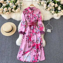 FABPOP Spring Arrivals Print Lapel Puff Sleeve Lace Up Collect Waist Slim Vintage Dress With Belt GA006 210709