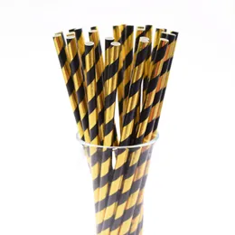 25st Folie Striped Paper Straw Guld och Svart Engångs Straw Födelsedag Bröllop Dekorativ Party Event Drinking Straws
