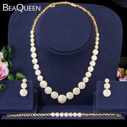BeaQueen Dubai Gold Statement Wedding Jewelry Round Cubic Zircon Micro Paved 3 Pcs Earrings Bracelet Choker Necklace Sets JS215 H1022