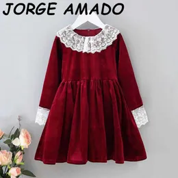 Kızlar Elbise Sonbahar Güz Dantel Yaka Velet Uzun Kollu Şarap Kırmızı Noel Çocuk Giysileri E2113 210610