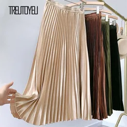 Treutoyeu Gothic Metallic Black Pleated Long Skirt Vintage High Waisted A Line Satin Skirts Womens Korean Style Winter 220221