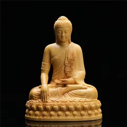 Religiöst Temple Thai Buddha Staty Trä Skulptur Kinesisk Boxwood Trä Carving Bön Tillbehör Heminredning 211108