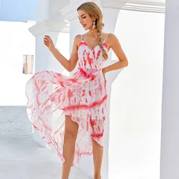 Tie Dye Drukuj Bohe Styl Letnia Sukienka Dla Kobiet Długa Dress Robe Elegancka Plaża Maxi Sundress Backless Casual Asymetryczna Dress 210415