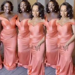 African Off Shoulder Peach Bridesmaid Dresses For Wedding Guest Dress Satin Beach Cap Sleeves Draped Zipper Back Maid of Honor Gowns Plus Size Sweep Train