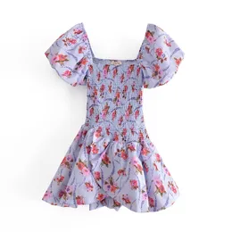 FABPOP Summer Short Puff Sleeve Blue Floral Print Square Collar High Waist Stretch Slim Mini Irregular Dress Women GB349 210709