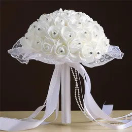 Роза искусственные свадебные цветы невесты букет свадебный букет кристалл Lvory шелковая лента удерживания цветок букет многоцветный