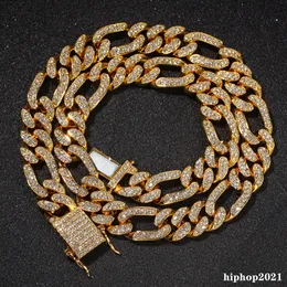Figaro kedjor halsband 13mm hiphop silver/guldfärg isad ut strass kubanska länkar mens hip hop smycken