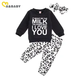 0-24 M Autunno nato Neonate Vestiti Set manica lunga Felpa nera Top Leopard Pantaloni Fascia Abiti 210515