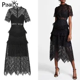 Maxi Sukienka Kobiety Czarny Gothic Elegancka Koronka Hollow Out Party Kolacja Wieczór Ruanway Designer Dresses 210421