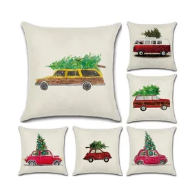Almofada/travesseiro decorativo 2 pçs natal caminhão vermelho 45x45cm capa de almofada decoração da árvore família sala estar cadeira ano caso linho