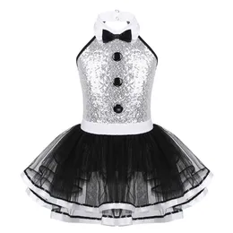 Dzieci Dziewczyny Balet Dane Dresses Dancewear Bez Rękawów Błyszczący Cekiny Gimnastyka Leotard Mesh Tutu Dress Modern Dance Costume Q0716