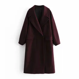 Vinter Mode Vin Röd Retro Ull One Button Loose Lapel Long Jacket Coat Women's Style 210521