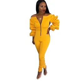 Ladies Casual Slash Neck Front Zipper Jumpsuit Stacked Långärmad Slim Bodysuit Kvinnor Kombinezon Damski Elegancki 210604