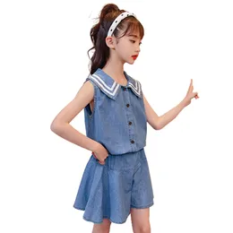 Duże dziewczyny Odzież dżinsowa kamizelka + krótka odzież dla stylu casual zestawy lato dzieciak 6 8 10 12 14 210527