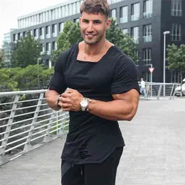 Muscleguys Brand Fashion Solid Ripped T Shirt Mens Hip Hop Extend Men Destroy Hole Bomull Fitness Shirt Homme 210706