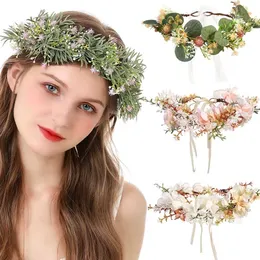 New Bohemian Flower Crown Ribbon Fow Women Girl Beach Holiday Floral Garland Romantic Wedding Flower Wreath Hair Accessories