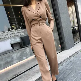 Dwuczęściowy zestaw Kobiety Krótki Blazer Crop Top I Długie Spodnie Seksowny Jesienny Rękaw Office Ol Suit Conmunto Feminino 210529