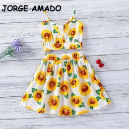 Summer Kid Girl 2-pcs Sets Sling Cartoon Sunflower Vest Top + Skirt Sweet Style Toddler Outfits Children Clothes E233 210610